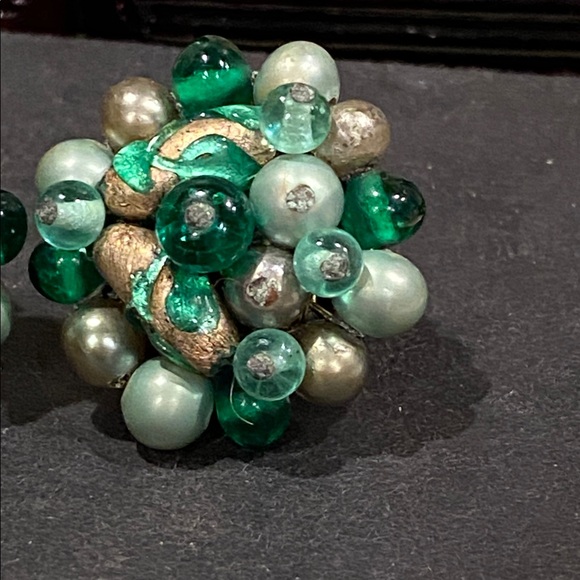 Japan Vintage Glass and Acrylic Cluster Earrings with Green Beads - Picture 3 of 7